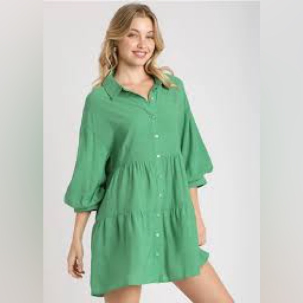 Umgee Green Collared Bubble Sleeve Button Down Short Dress, Size S